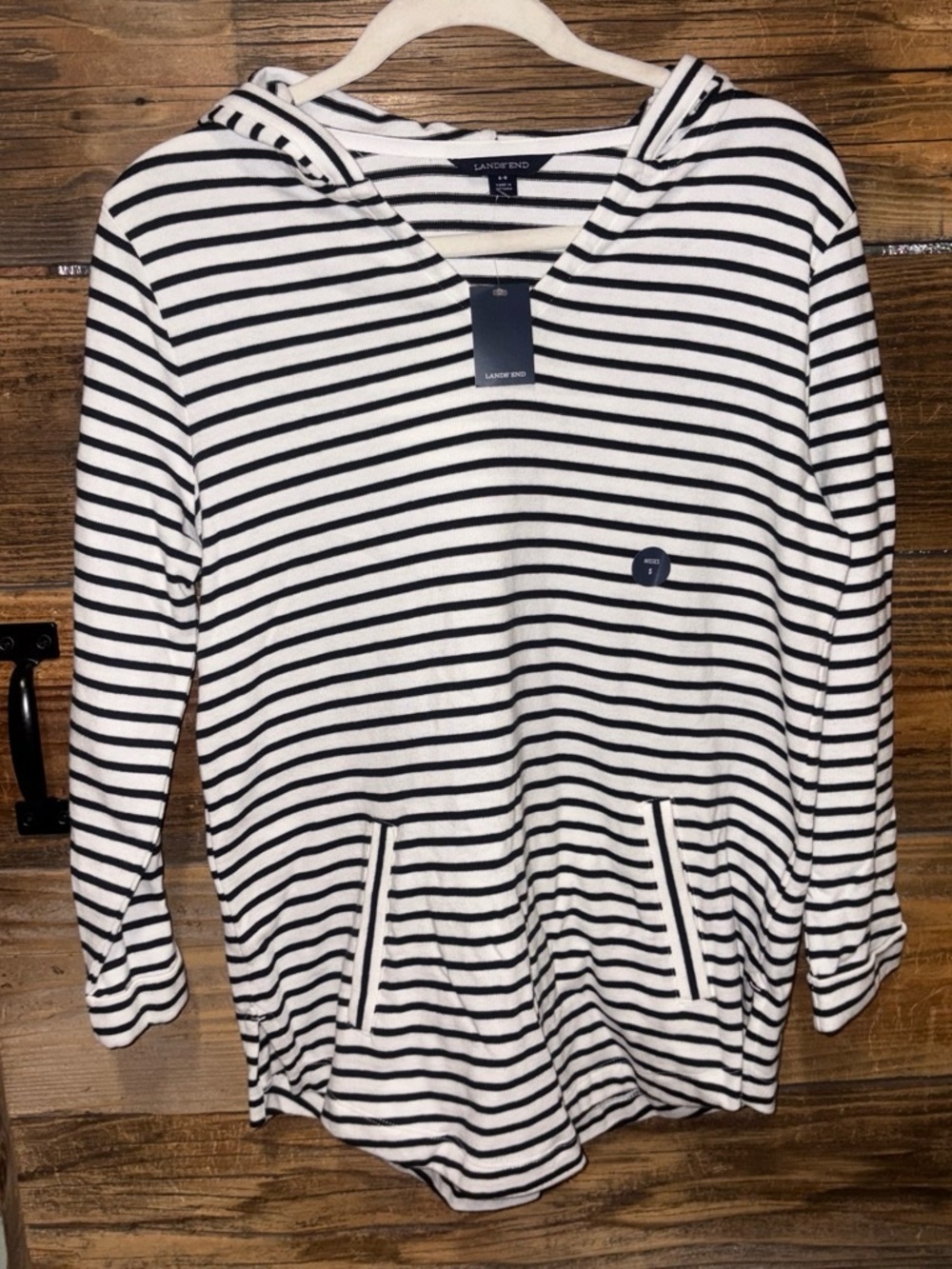 Lands' End Navy & White Striped Hooded Top